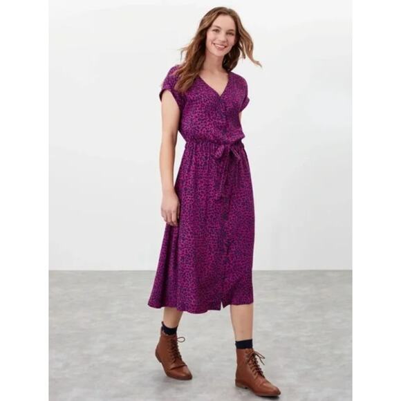 Joules Yasmine Dress Women’s US 10 Pink Leopard Button Front V-Neck Belted Midi - Picture 1 of 14